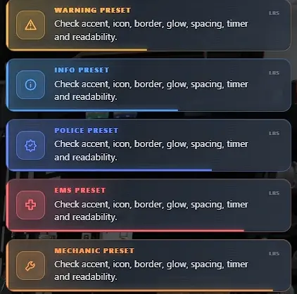 LRS Notifications warning, information, police, EMS and mechanic presets