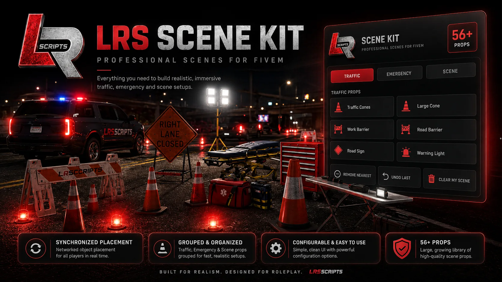 LRS Scene Kit professional FiveM scene placement system with traffic, emergency and equipment props