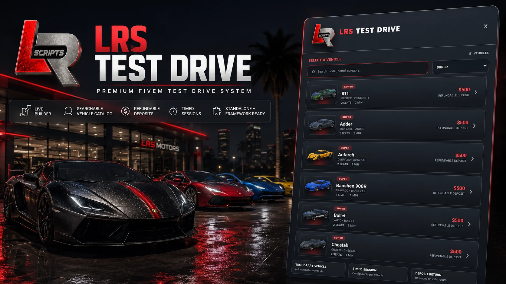 LRS Test Drive free FiveM test drive system with searchable vehicle catalog and in-game builder